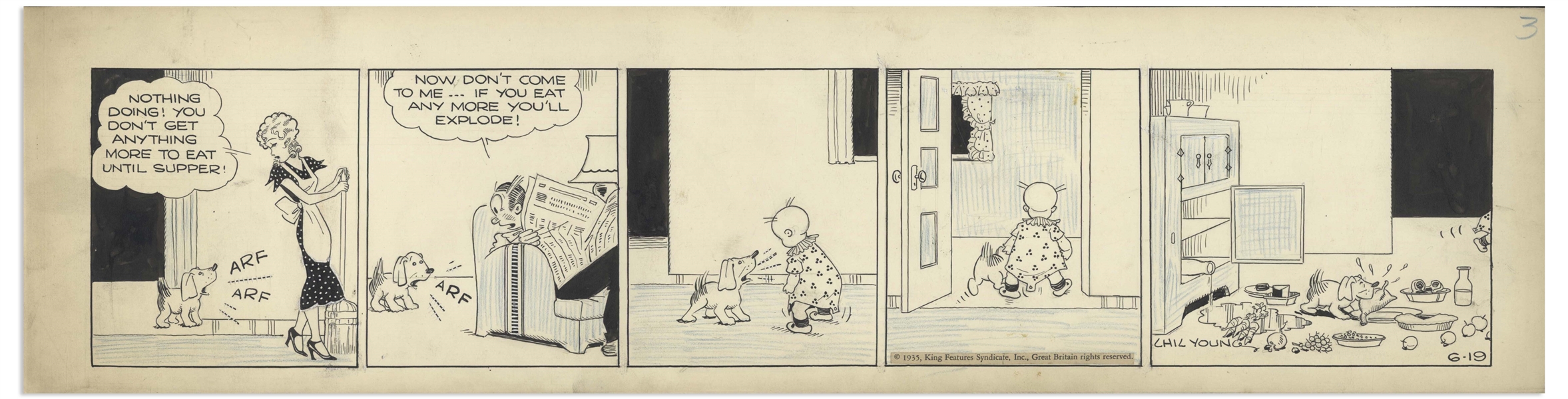 Chic Young Hand-Drawn ''Blondie'' Comic Strip From 1935 Titled ''Dearest Enemy'' -- Baby Dumpling & Daisy Join Forces